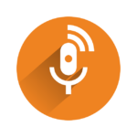 A white podcast mic inside an orange circle.