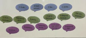 Some speech bubbles with sentence starters written on them.