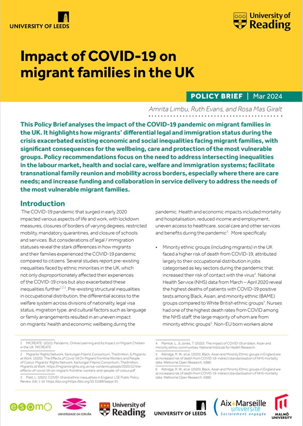 Impact of COVID-19 on migrant families in the UK – new Policy Brief