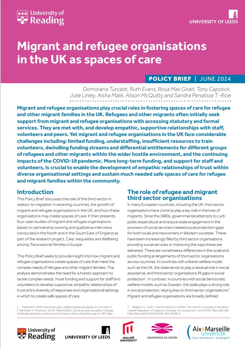 New Policy Brief: Migrant and Refugee Organisations in the UK as spaces of Care
