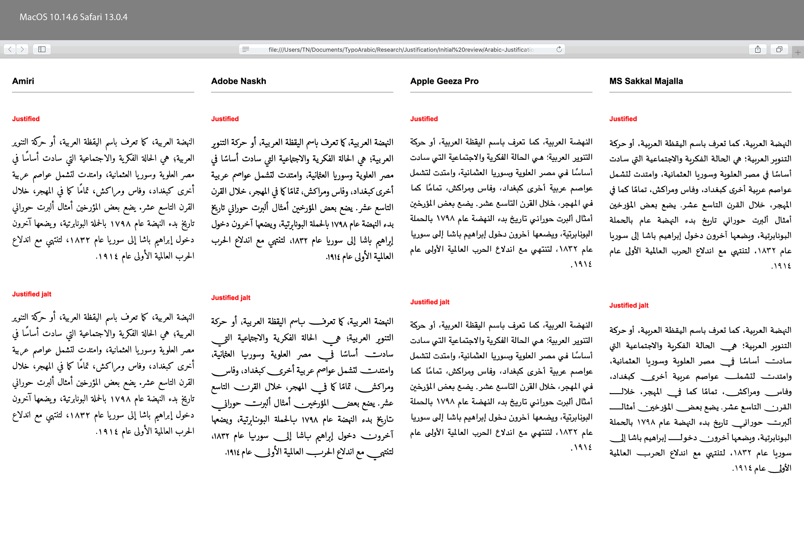 Overview of Arabic text justification in current browsers using OT fonts.